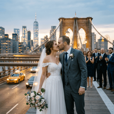 Bride and groom kissing on Brooklyn Bridge with city skyline and wedding guests clapping